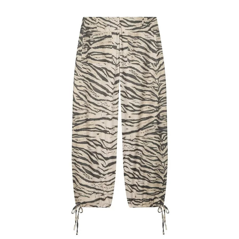 Damen Cargohose mit Animal-Print Weites Bein Beige Schwarz