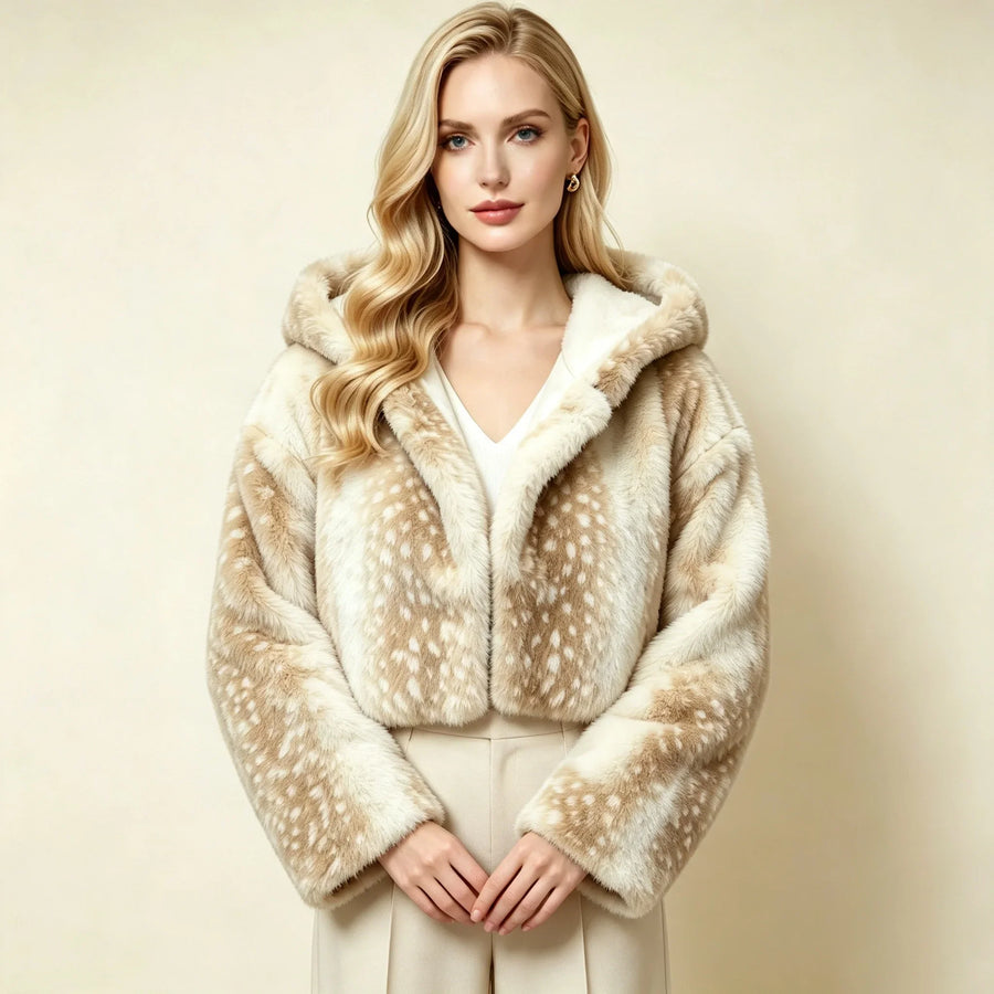 Kurze Damen Kunstfelljacke mit Kapuze, Hirschmuster, Beige