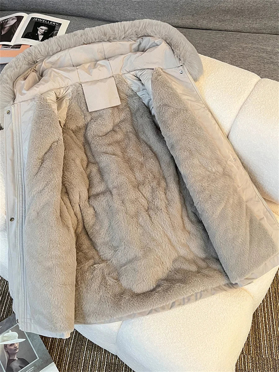 Damen Winterjacke Parka mit Kapuze Pelzimitat Innenfutter Tunnelzug