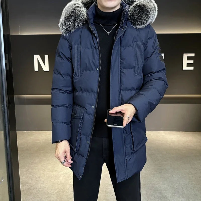Herren Winterparka mit Kapuze und Fellimitatbesatz, gepolsterte Jacke für kalte Tage