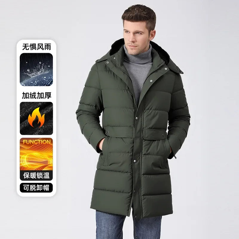 Herren Langer Winter Steppmantel mit Kapuze und Knöpfen – Warm & Winddicht