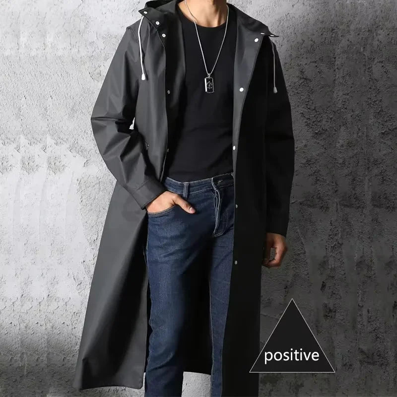 Unisex Regenmantel Lang Schwarz mit Kapuze