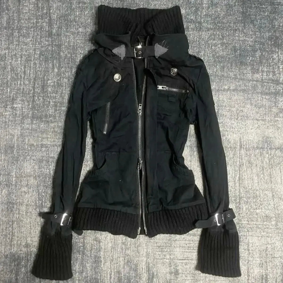 Damen Jacke Schwarz mit hohem Kragen und Schnallendetails
