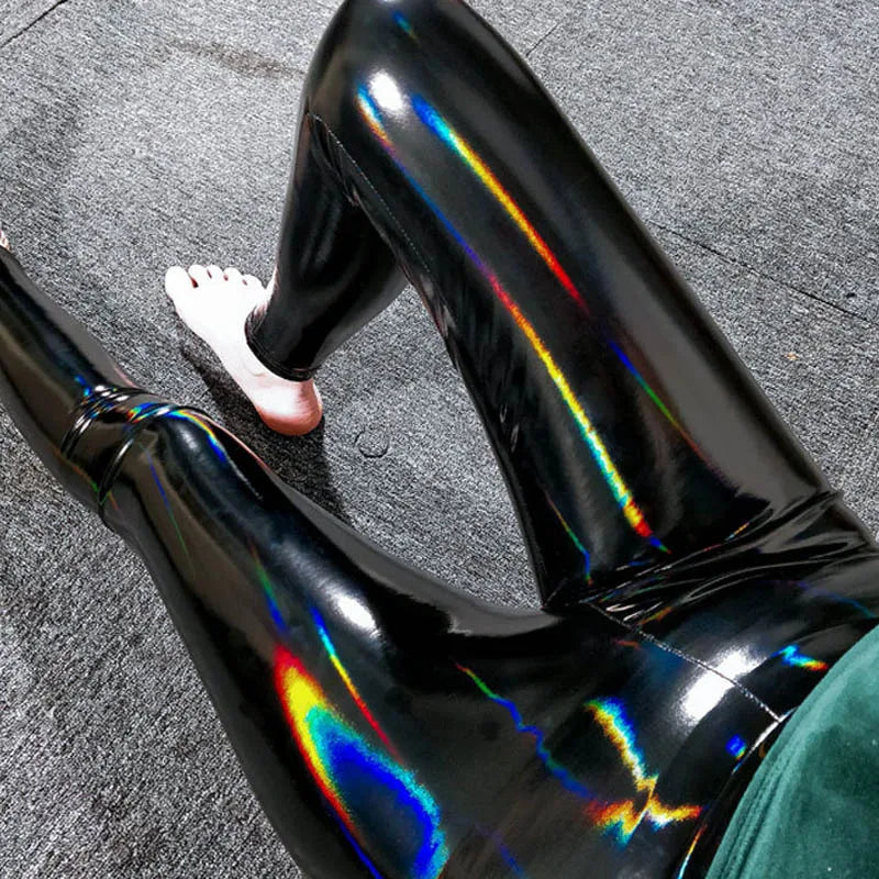 Holographische Leggings Schwarz Glänzend mit Regenbogen-Effekt