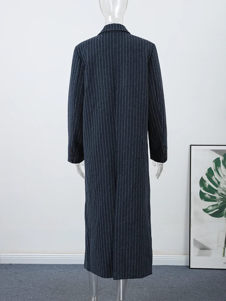 Damen Langer Mantel Doppelreiher Marineblau Nadelstreifen