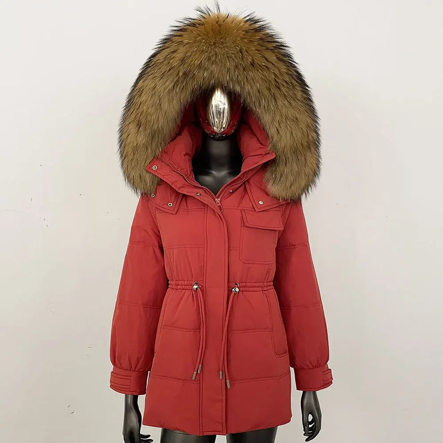 Damen Winterjacke Parka mit Kapuze Kunstfellbesatz Tunnelzug Creme
