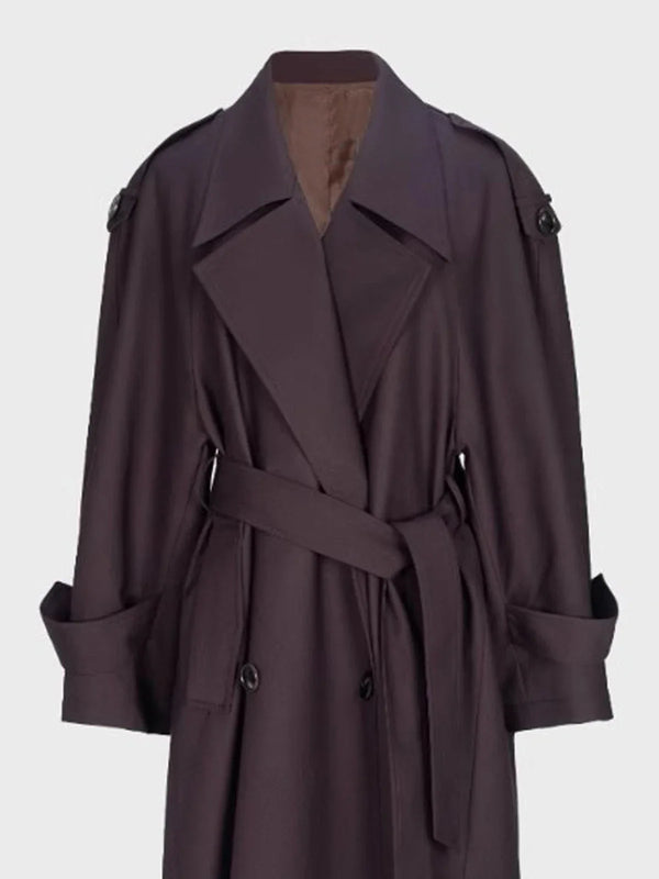 Dames lange trenchcoat met ceintuur, double-breasted, donkerpaars