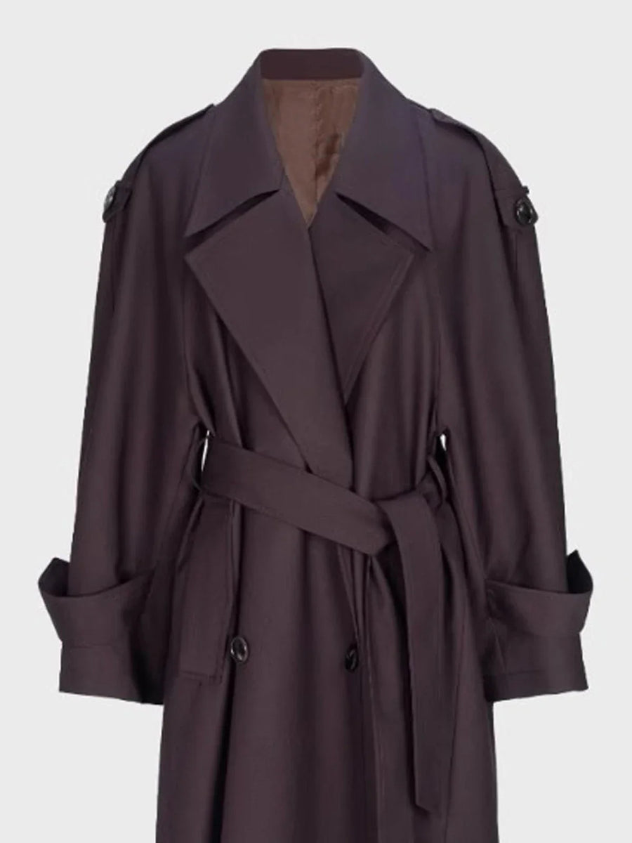 Damen Trenchcoat Lang Gürtel Zweireihig Dunkelviolett