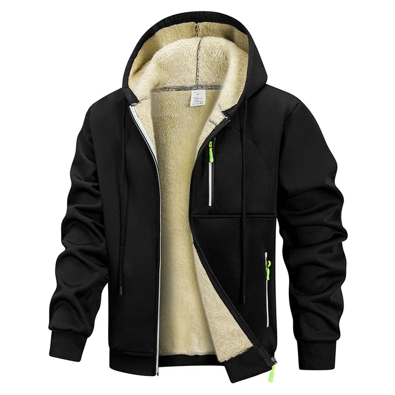 Hoodie mit Reißverschluss und Plüschfutter für Herren, warm, Schwarz