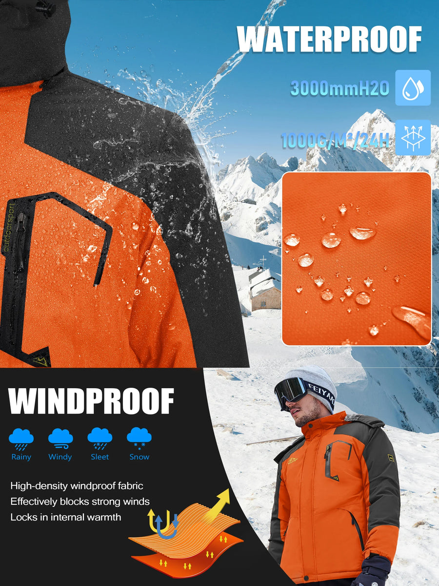 Herren Skijacke Outdoor Winterjacke Wasserdicht Orange Schwarz
