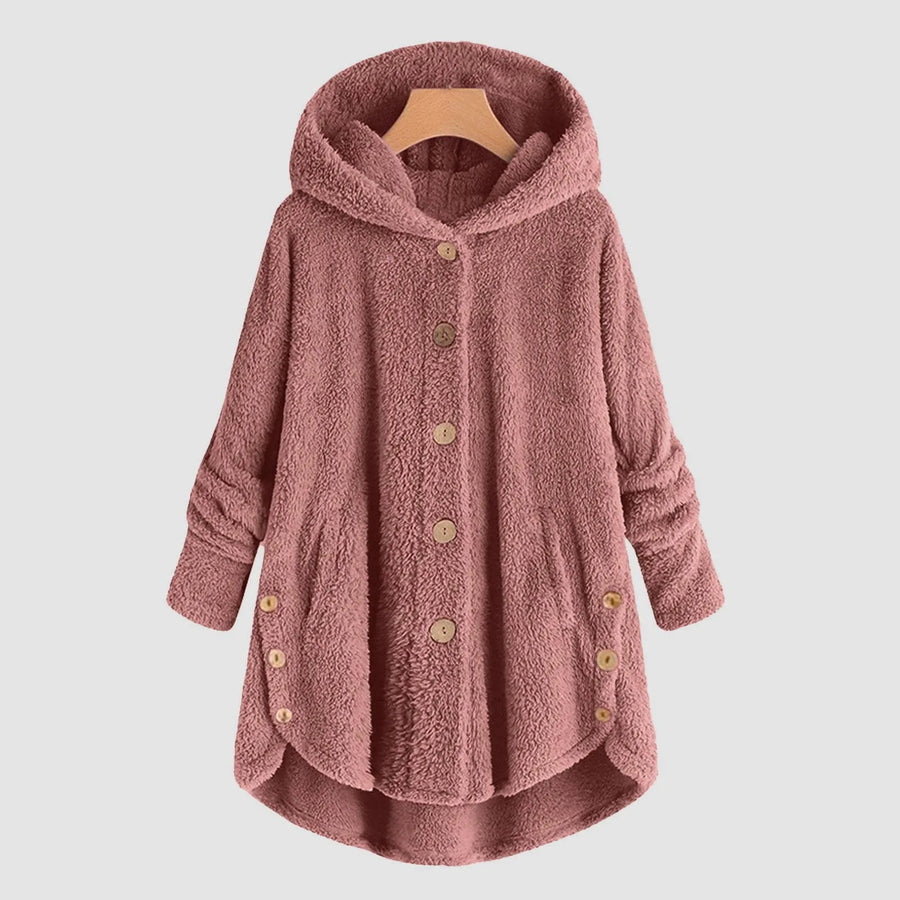 Damen Teddy-Fleece Jacke mit Kapuze und Knöpfen