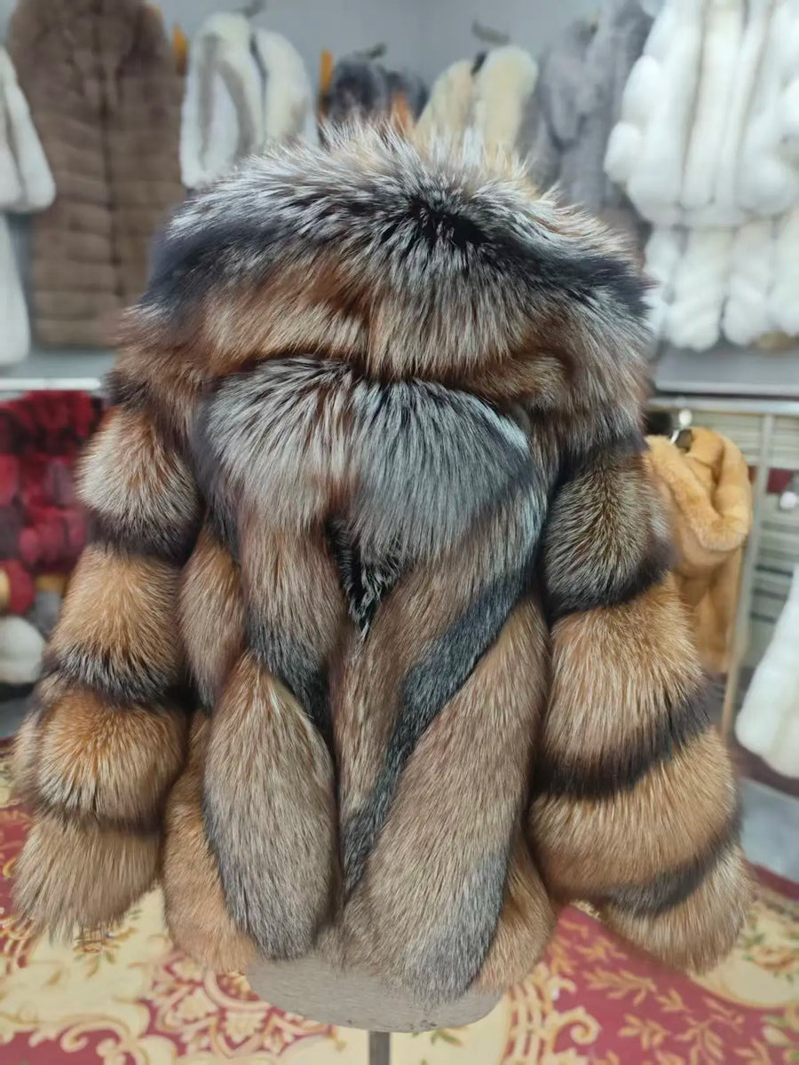 Damen Kunstfelljacke mit Kapuze und Streifenmuster