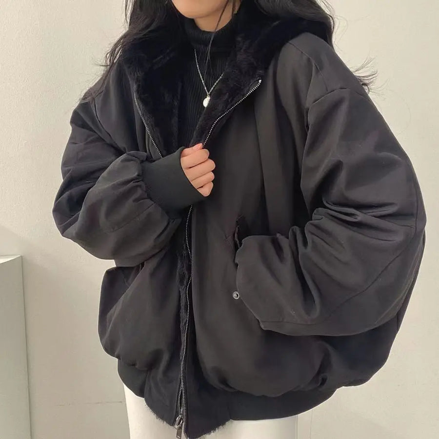 Damen Reversible Bomberjacke mit Kapuze Teddyfutter