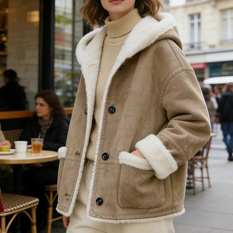 Damen Jacke mit Kapuze, Teddyfutter, Camelbraun, Knopfleiste