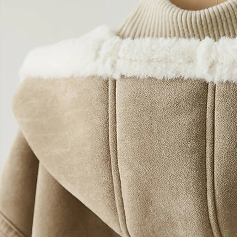 Damen Jacke mit Kapuze, Teddyfutter, Camelbraun, Knopfleiste
