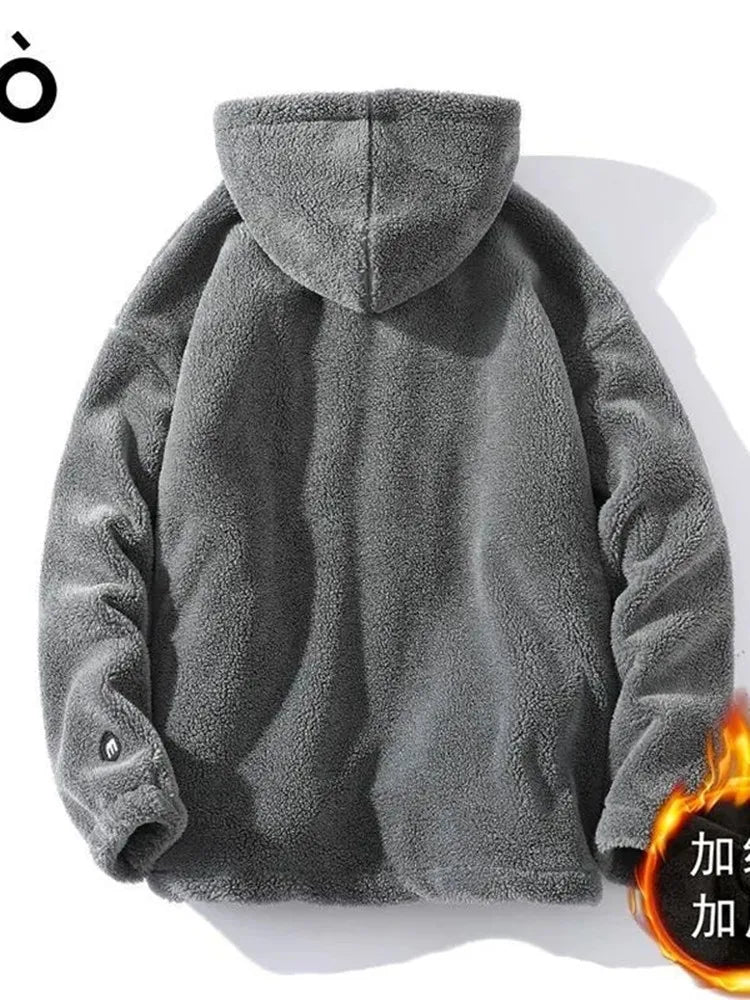 Unisex Teddyfleece Jacke mit Kapuze und Brusttasche Grau Reißverschluss