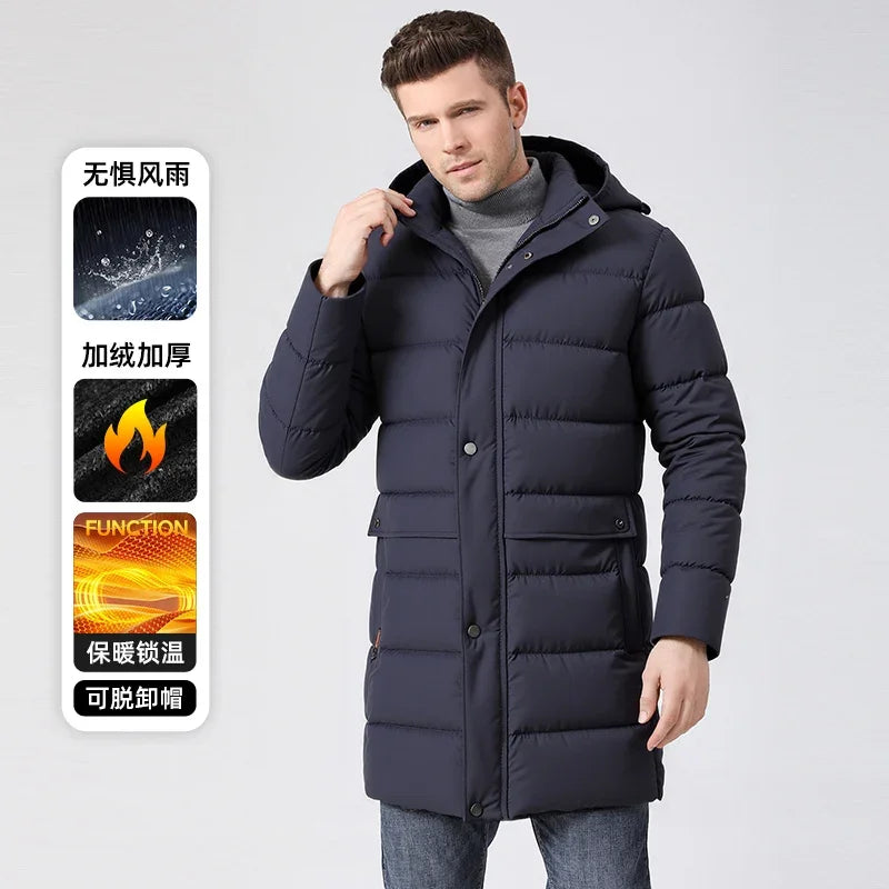 Herren Langer Winter Steppmantel mit Kapuze und Knöpfen – Warm & Winddicht