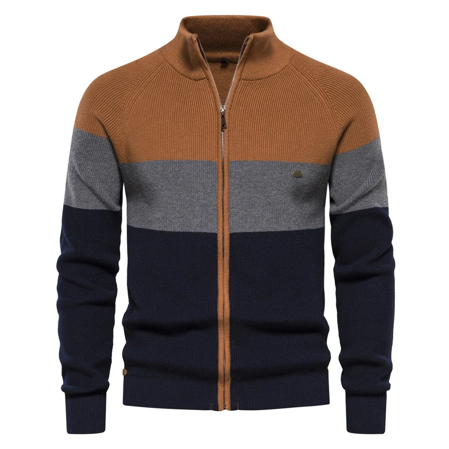 Herenvest met rits, opstaande kraag en kleurvlakken, marineblauw en bruin