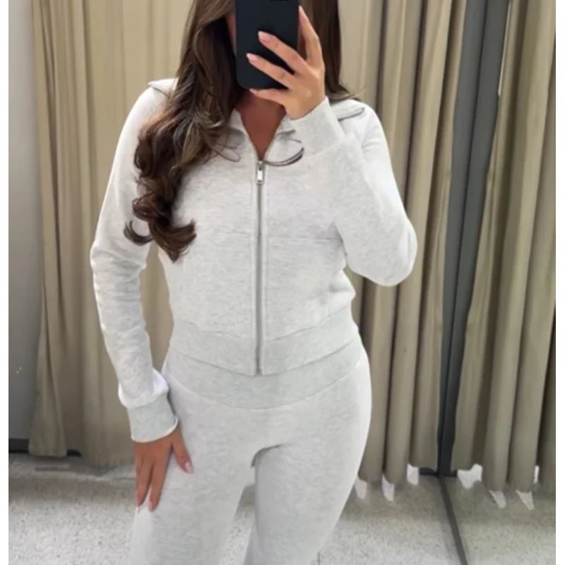 Damen Sportlicher Hoodie mit Reißverschluss & Flare Hose Set