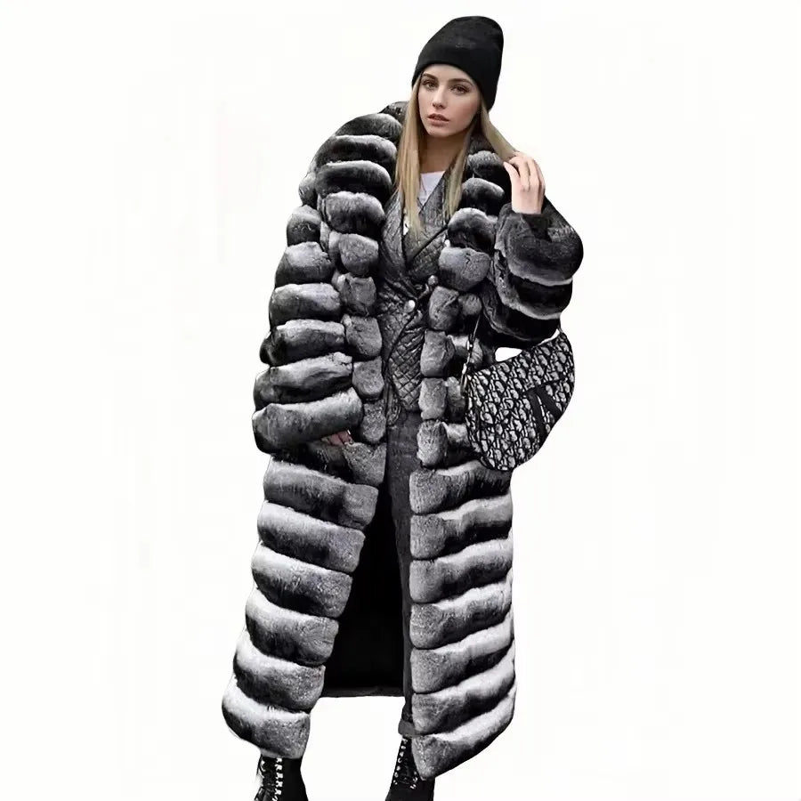 Damen Faux-Pelzmantel lang gestreift Grau Schwarz Weiß Winter Warm