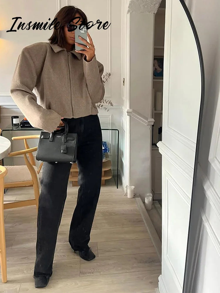 Kurze Jacke mit Reißverschluss und Kragen Damen Beige/Grau