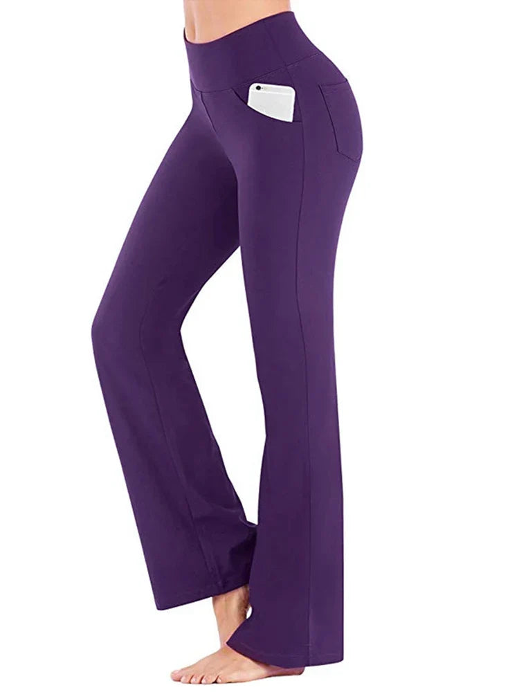 Damen Bootcut Yoga Hose mit hoher Taille und Seitentaschen - Gemütliche Freizeithose