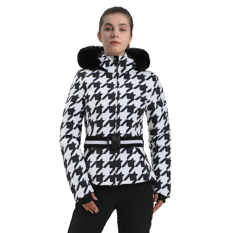 Damen Skijacke mit Hahnentrittmuster Gürtel und Kunstfellkapuze
