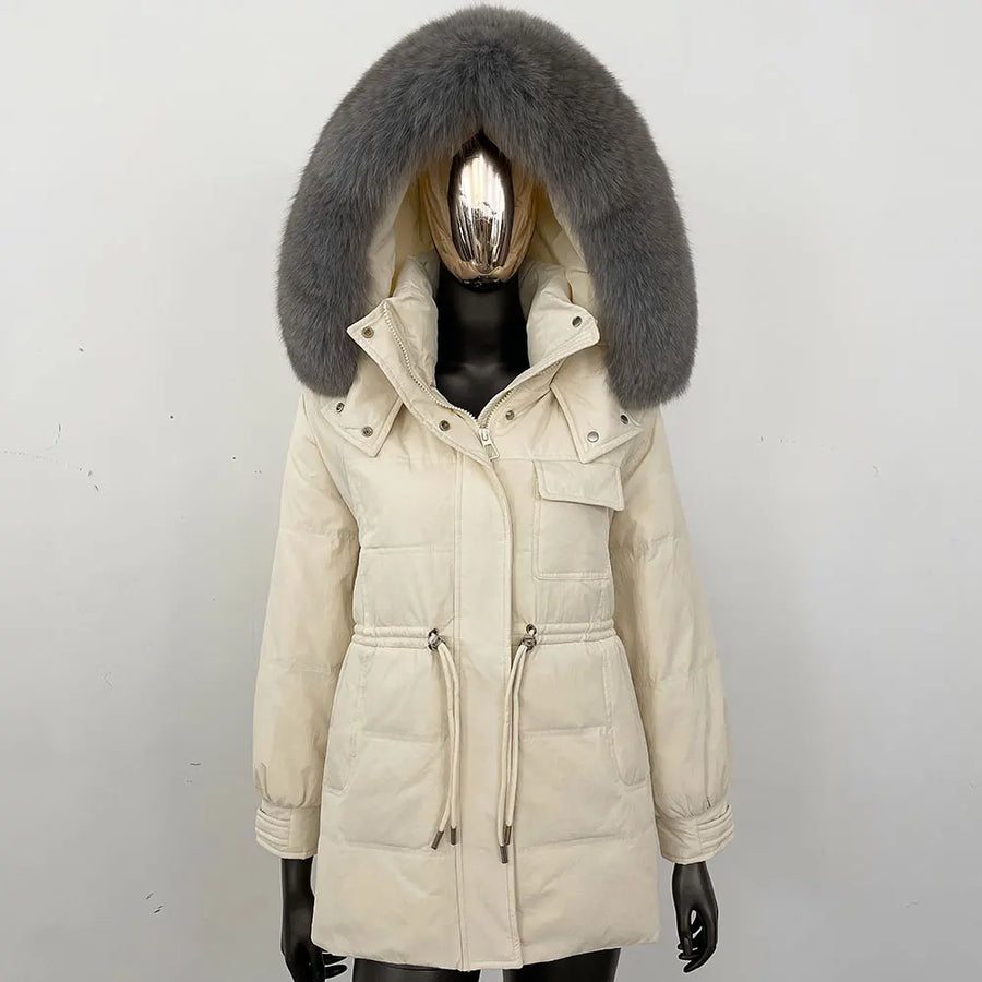 Damen Winterjacke Parka mit Kapuze Kunstfellbesatz Tunnelzug Creme
