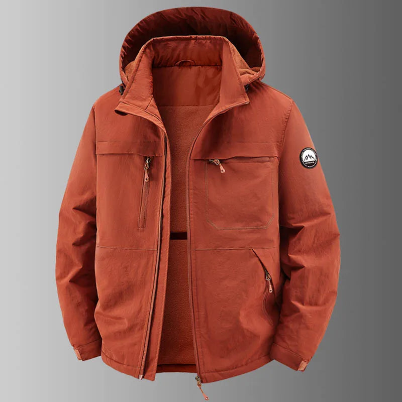 Herren Outdoor Jacke mit Kapuze & Reißverschluss, Mehrere Taschen, Fleece-Futter, Warm