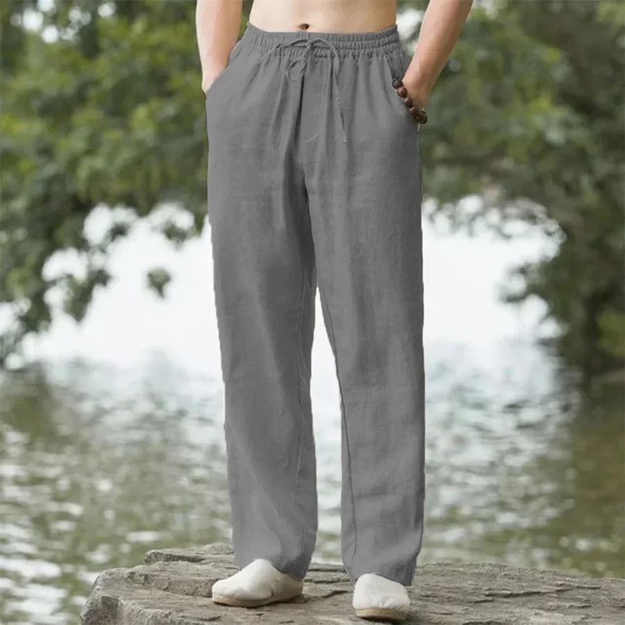 Unisex Leinenhose mit Gummibund & Kordelzug, beige, weites Bein, lockere Passform