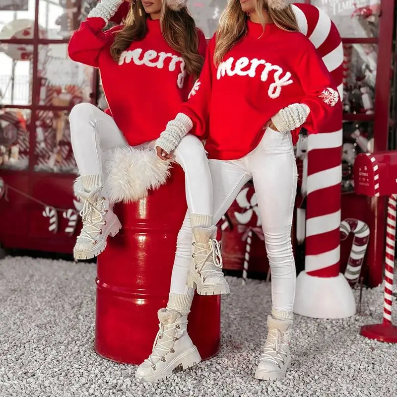 Rode gebreide damespullover met opschrift "Merry", opstaande kraag en kerstmotief