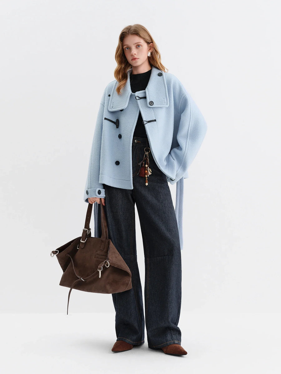 Kurzer Damen Mantel Hellblau mit Knebelverschluss & Gürtel