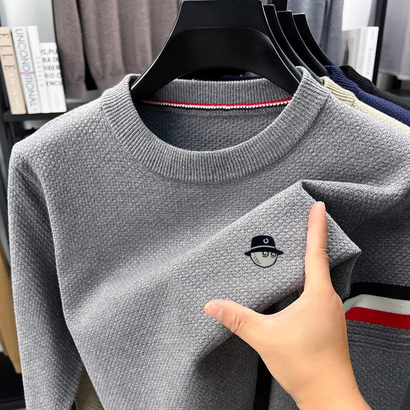 Heren pullover met lange mouwen, ronde hals, fijngebreid, ribboorden, borduursel