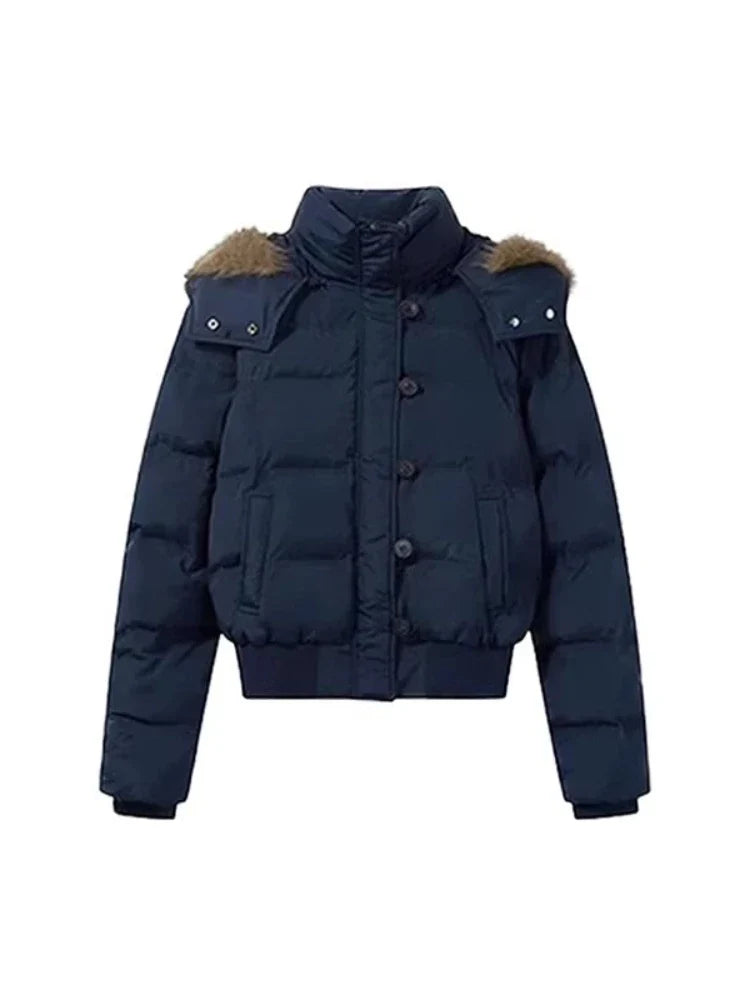 Kurze Damen Winterjacke mit Kunstpelz Kapuze Marineblau