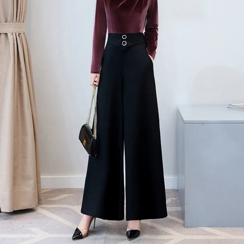 Damen Palazzo Hose Schwarz Weites Bein Hoher Bund