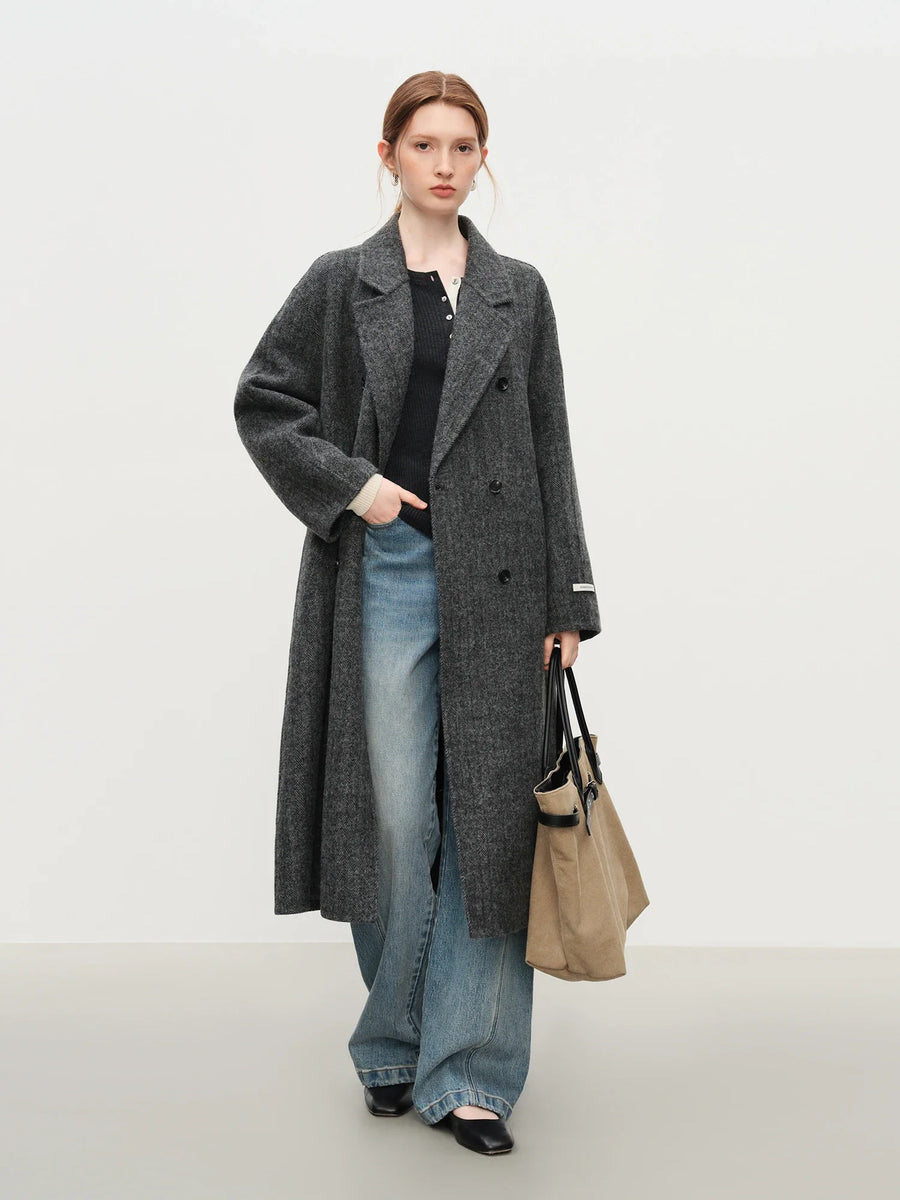 Damen langer Mantel Zweireiher Wickeldesign mit Gürtel
