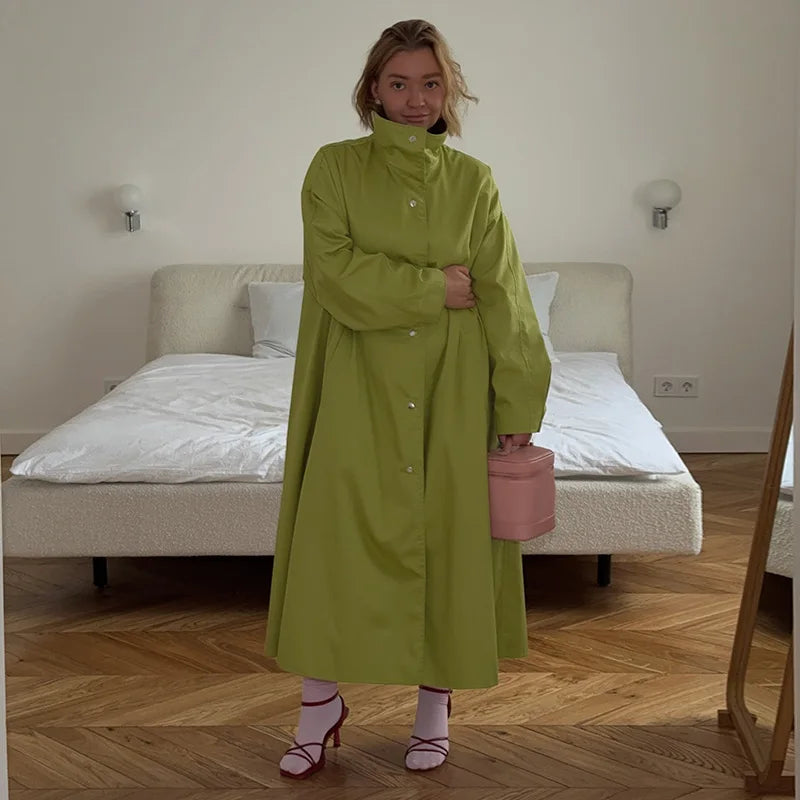 Damen Langer Mantel Übergangs Trenchcoat Stehkragen Weite Ärmel
