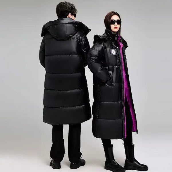 Unisex Langer Steppmantel Schwarz mit Kapuze Glänzende Optik