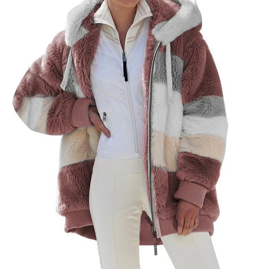 Damen Hoodie Jacke Fleece Winterjacke mit Kapuze Farbenblock