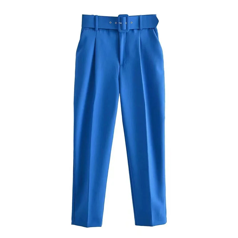 Damen Stoffhose High Waist mit Gürtel Elegante Hose mit geradem Bein