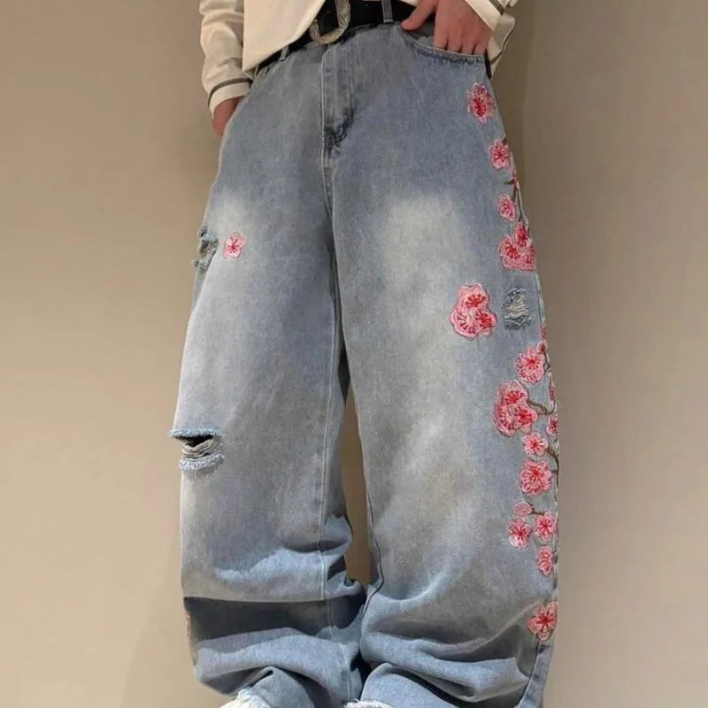 Weite Jeans im Baggy-Stil mit Blumenstickerei für Damen