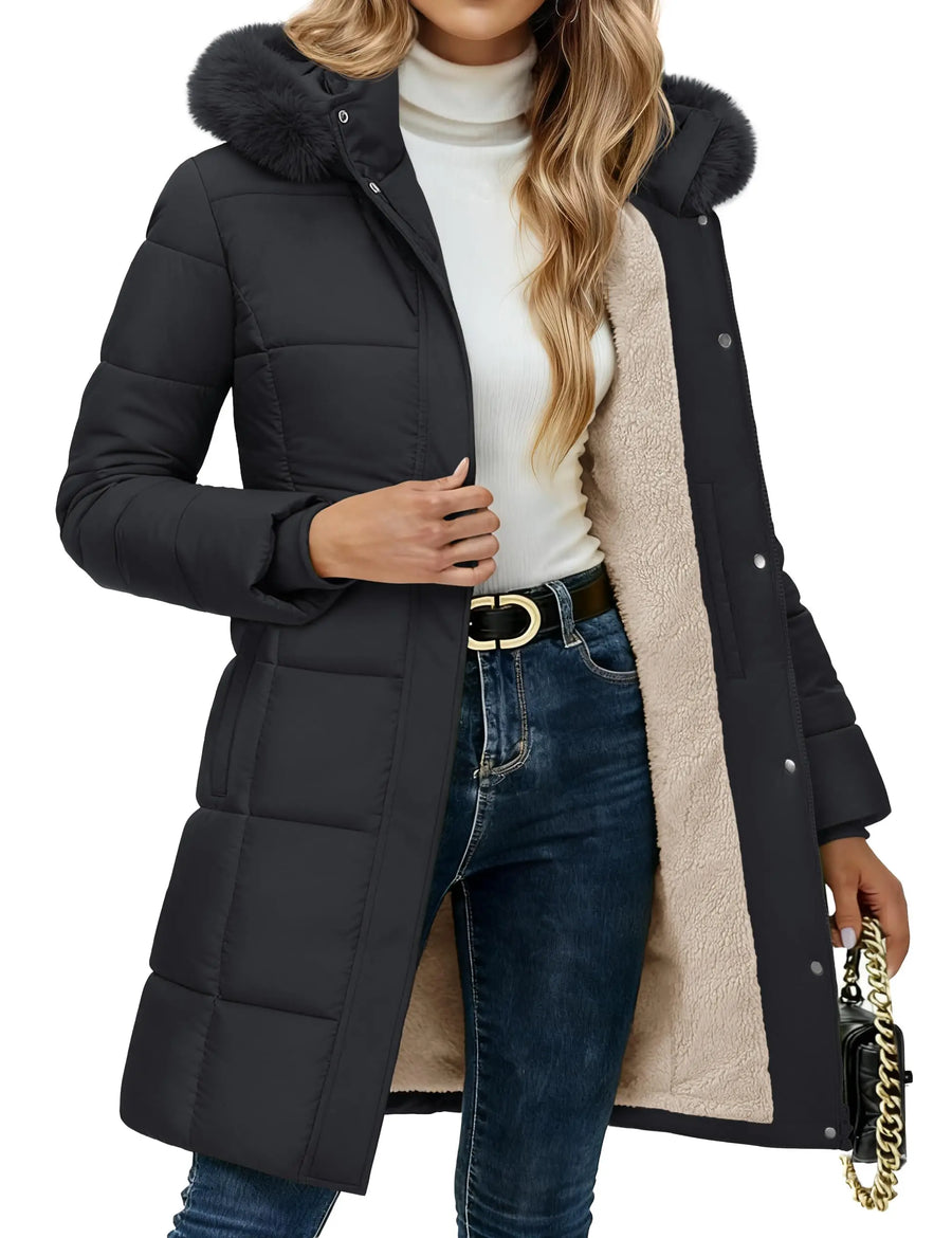 Damen Winter Steppjacke lang gefüttert mit Kapuze und Fellimitat in Weiß