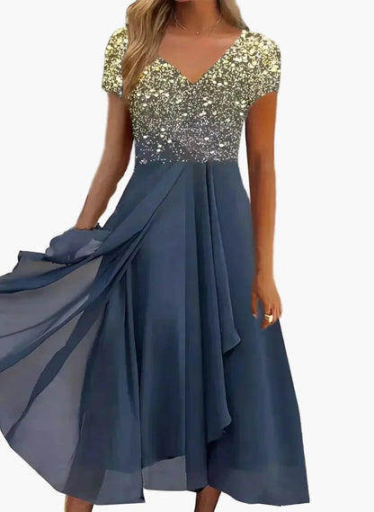 Damen Abendkleid Elegant Chiffon Maxikleid mit Blumenmuster – Perfekt für festliche Anlässe & Partys