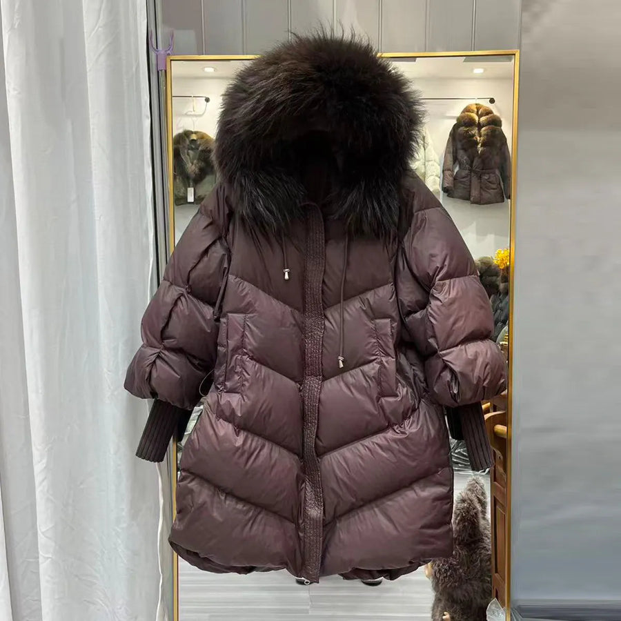 Damen Pufferjacke mit großer Kapuze und Pelzbesatz, Langarm, Khaki