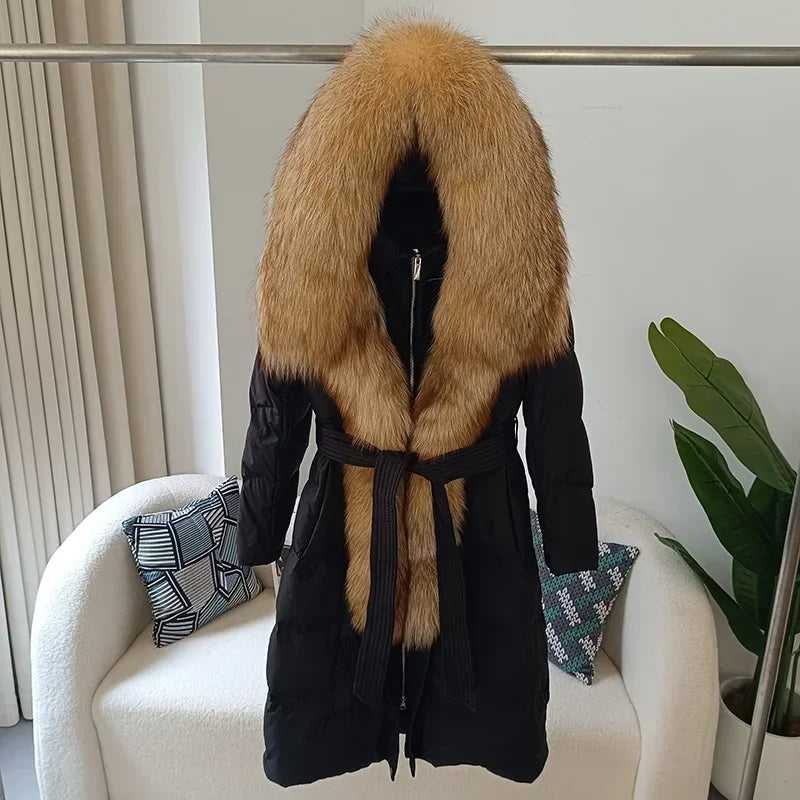 Damen Winter Steppmantel Lang mit Kapuze und Kunstpelzbesatz Gürtel