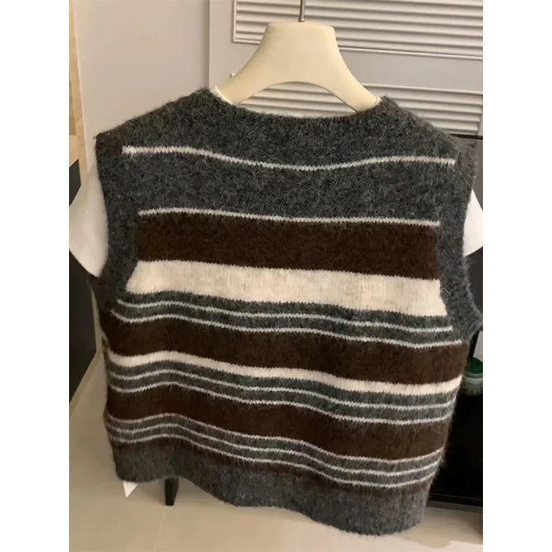 Damen Weste gestrickt gestreift mit Knöpfen Ärmellos Mehrfarbig