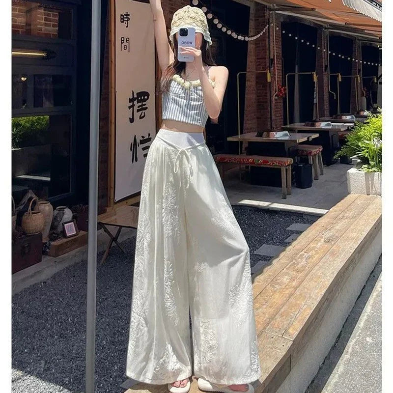 Dames witte wijde broek met borduursel, high waist en trekkoord, zomer-palazzobroek