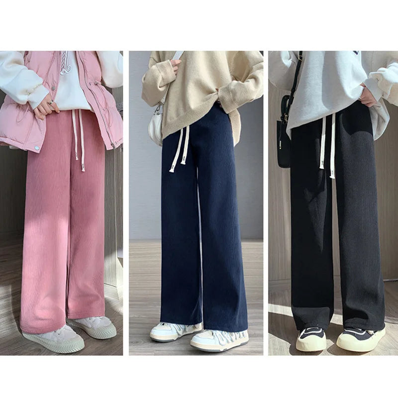 Dames wijde broek met trekkoord, hoge taille en brede pijpen
