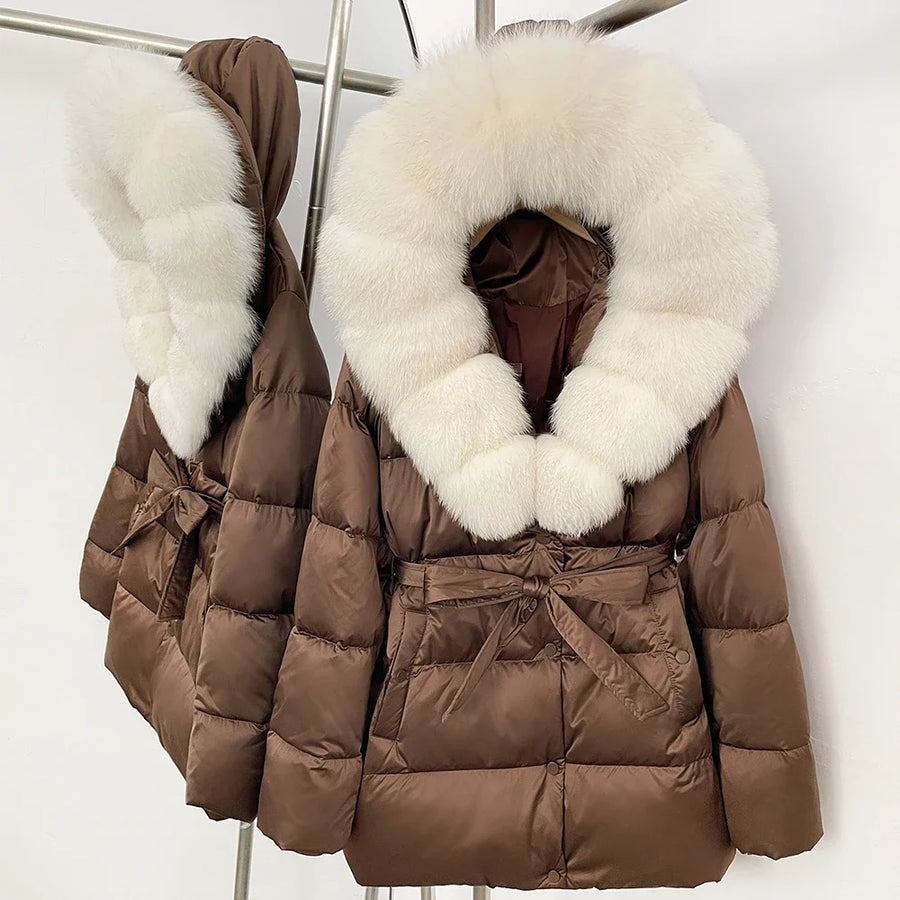 Damen Daunenjacke mit Kunstpelzkragen und Bindegürtel, warme Winterjacke