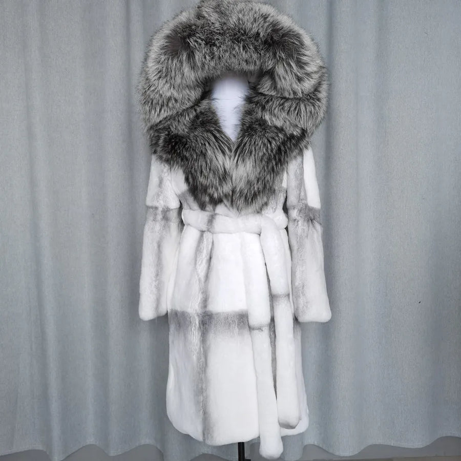 Damen Langer Mantel mit Kapuze, Pelzbesatz und Bindegürtel – Winter Parka